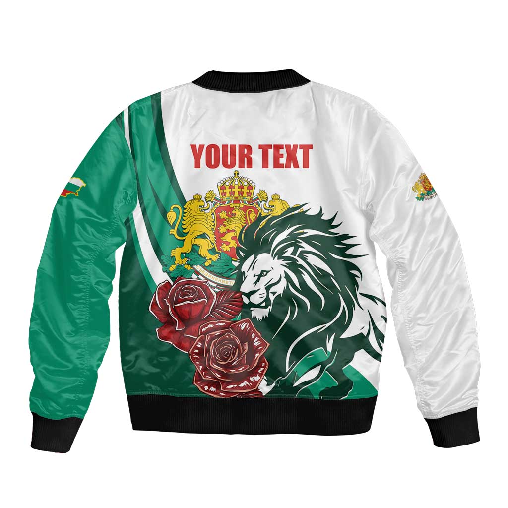 White and green satin bomber jacket with lion crest and rose graphics, ribbed hem and cuffs