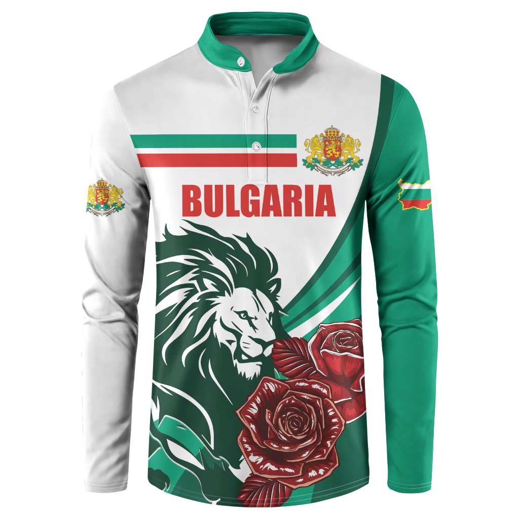 Button-front sweatshirt with Bulgaria crest, lion and roses graphic, white and green