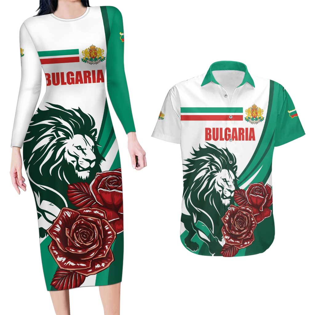 Bulgaria Couples Matching Long Sleeve Bodycon Dress and Hawaiian Shirt Coat of Arms Lion with Roses - Wonder Print Shop