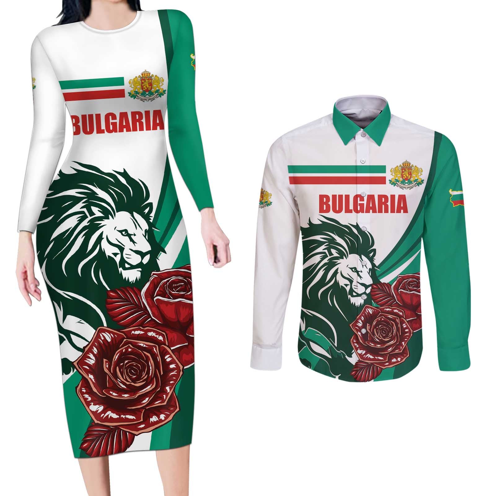 Bulgaria Couples Matching Long Sleeve Bodycon Dress and Long Sleeve Button Shirt Coat of Arms Lion with Roses - Wonder Print Shop