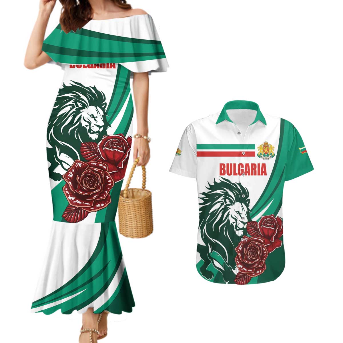 Bulgaria Couples Matching Mermaid Dress and Hawaiian Shirt Coat of Arms Lion with Roses - Wonder Print Shop