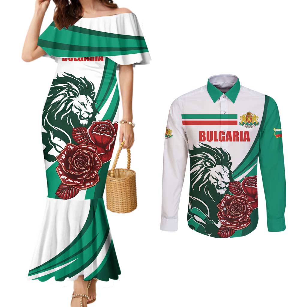 Bulgaria Couples Matching Mermaid Dress and Long Sleeve Button Shirt Coat of Arms Lion with Roses