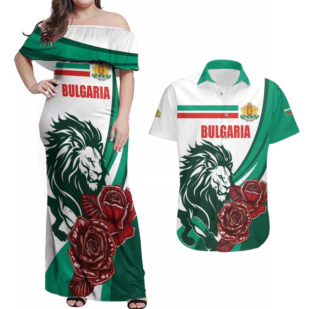 Bulgaria Couples Matching Off Shoulder Maxi Dress and Hawaiian Shirt Coat of Arms Lion with Roses - Wonder Print Shop