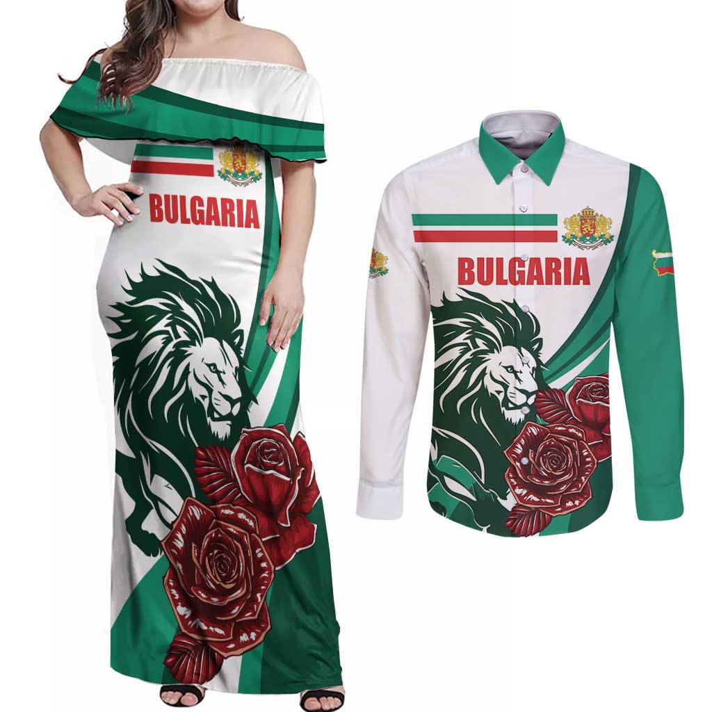 Bulgaria Couples Matching Off Shoulder Maxi Dress and Long Sleeve Button Shirt Coat of Arms Lion with Roses - Wonder Print Shop