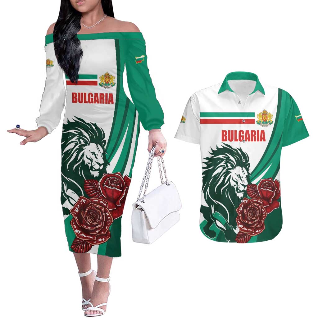 Bulgaria Couples Matching Off The Shoulder Long Sleeve Dress and Hawaiian Shirt Coat of Arms Lion with Roses - Wonder Print Shop