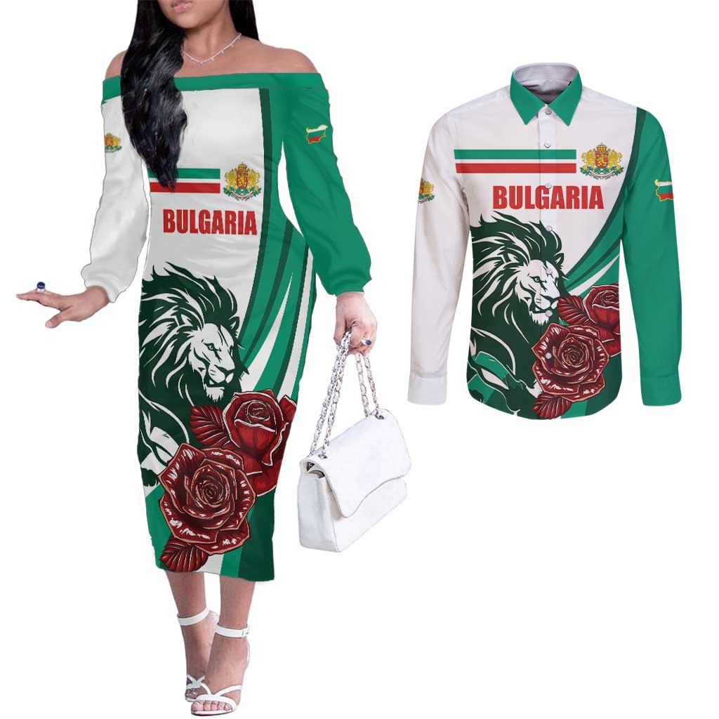 Bulgaria Couples Matching Off The Shoulder Long Sleeve Dress and Long Sleeve Button Shirt Coat of Arms Lion with Roses