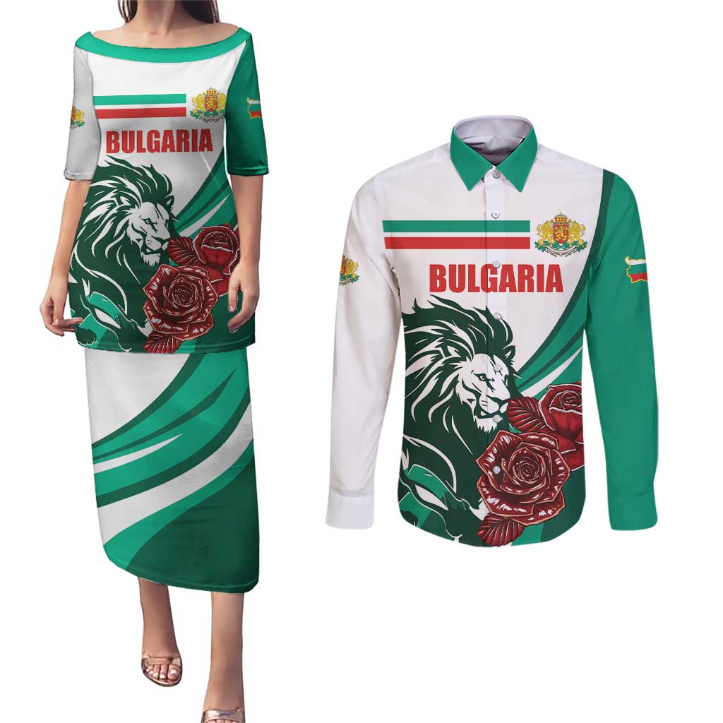 Bulgaria Couples Matching Puletasi and Long Sleeve Button Shirt Coat of Arms Lion with Roses - Wonder Print Shop