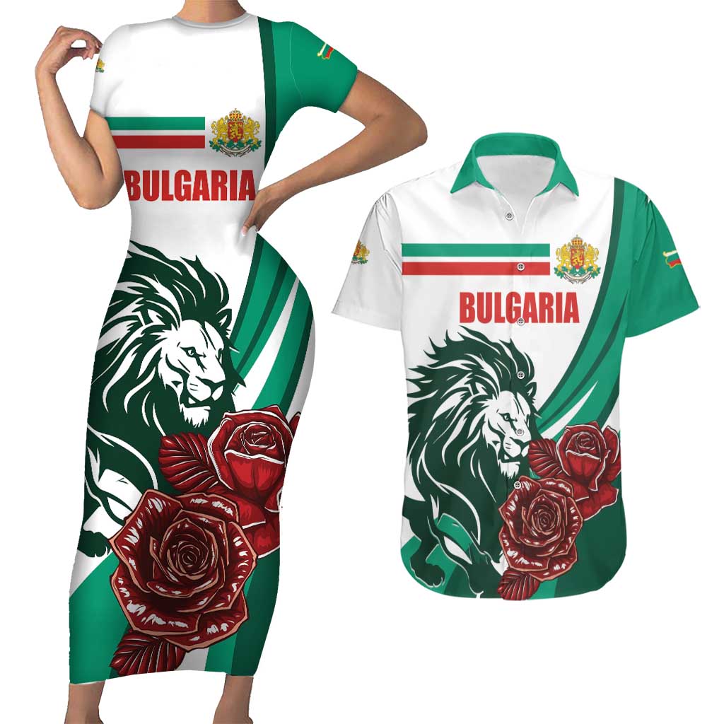 Bulgaria Couples Matching Short Sleeve Bodycon Dress and Hawaiian Shirt Coat of Arms Lion with Roses - Wonder Print Shop