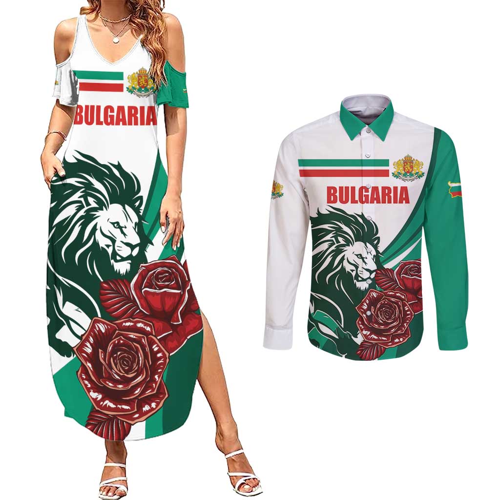 Bulgaria Couples Matching Summer Maxi Dress and Long Sleeve Button Shirt Coat of Arms Lion with Roses - Wonder Print Shop