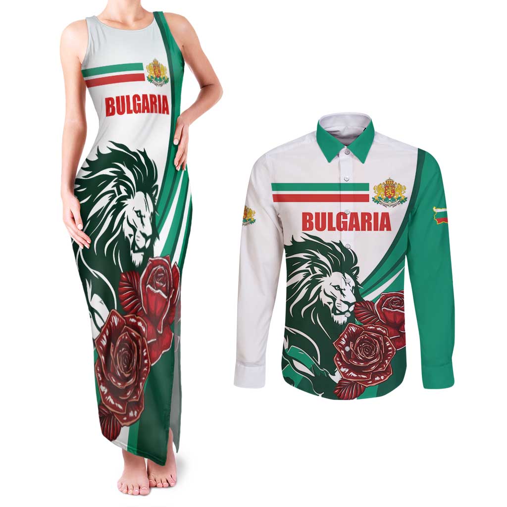 Bulgaria Couples Matching Tank Maxi Dress and Long Sleeve Button Shirt Coat of Arms Lion with Roses - Wonder Print Shop