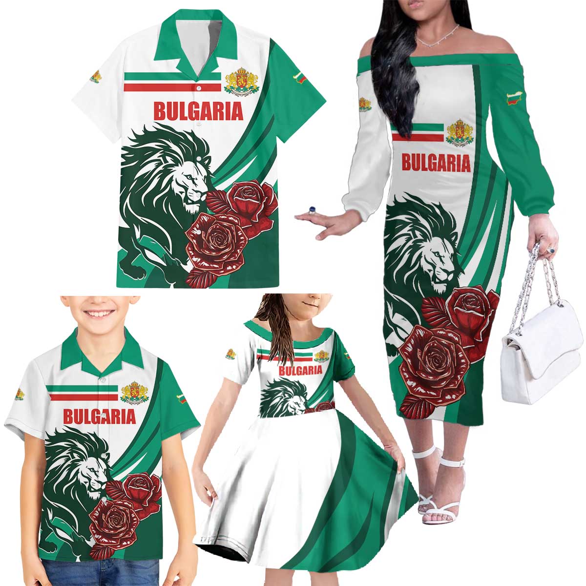 Bulgaria Family Matching Off The Shoulder Long Sleeve Dress and Hawaiian Shirt Coat of Arms Lion with Roses - Wonder Print Shop