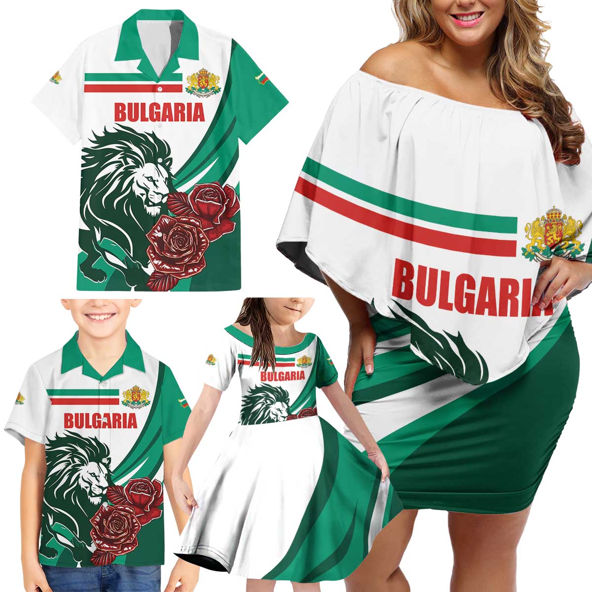 Bulgaria Family Matching Off Shoulder Short Dress and Hawaiian Shirt Coat of Arms Lion with Roses - Wonder Print Shop