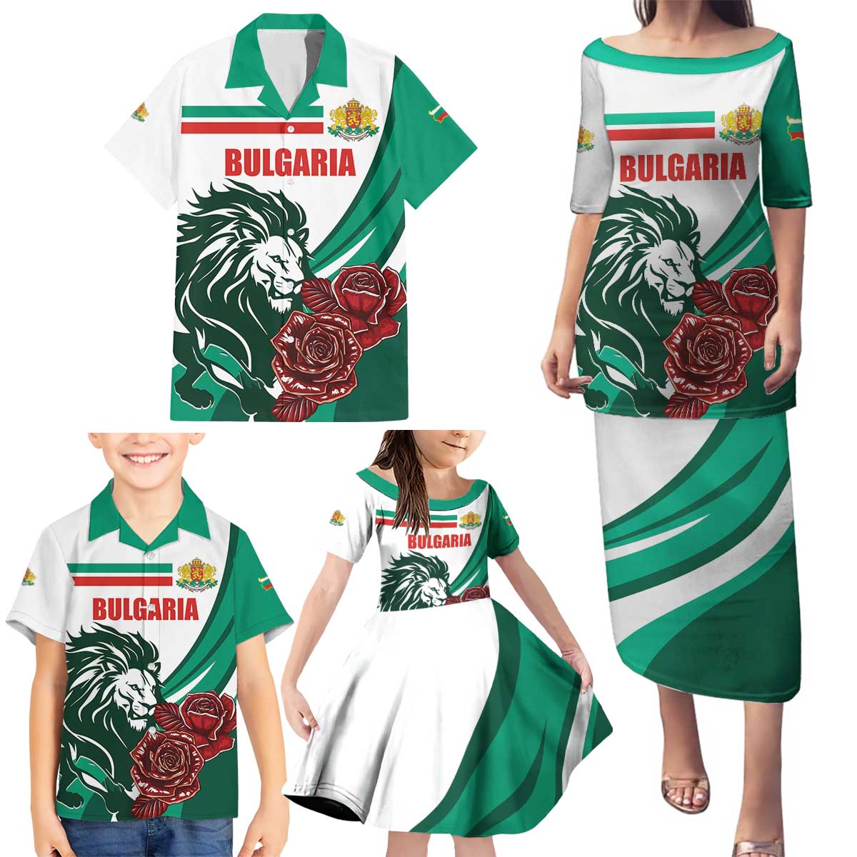 Bulgaria Family Matching Puletasi and Hawaiian Shirt Coat of Arms Lion with Roses - Wonder Print Shop