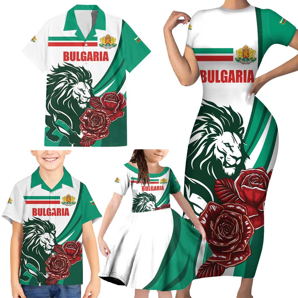 Bulgaria Family Matching Short Sleeve Bodycon Dress and Hawaiian Shirt Coat of Arms Lion with Roses - Wonder Print Shop