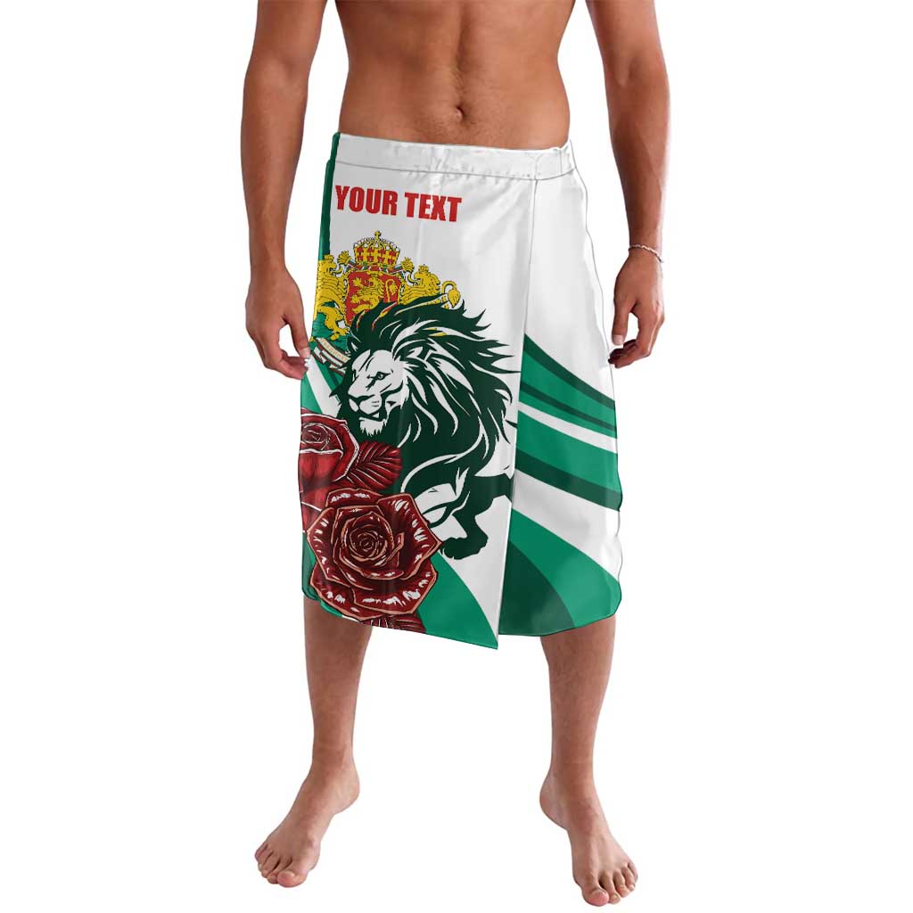 White lava lava shorts with green diagonal panels, lion crest and rose print