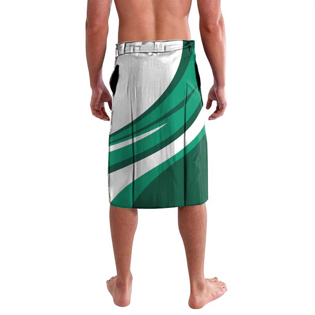 White lava lava shorts with green striped paneling and elastic waistband