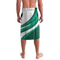White lava lava shorts with green striped paneling and elastic waistband