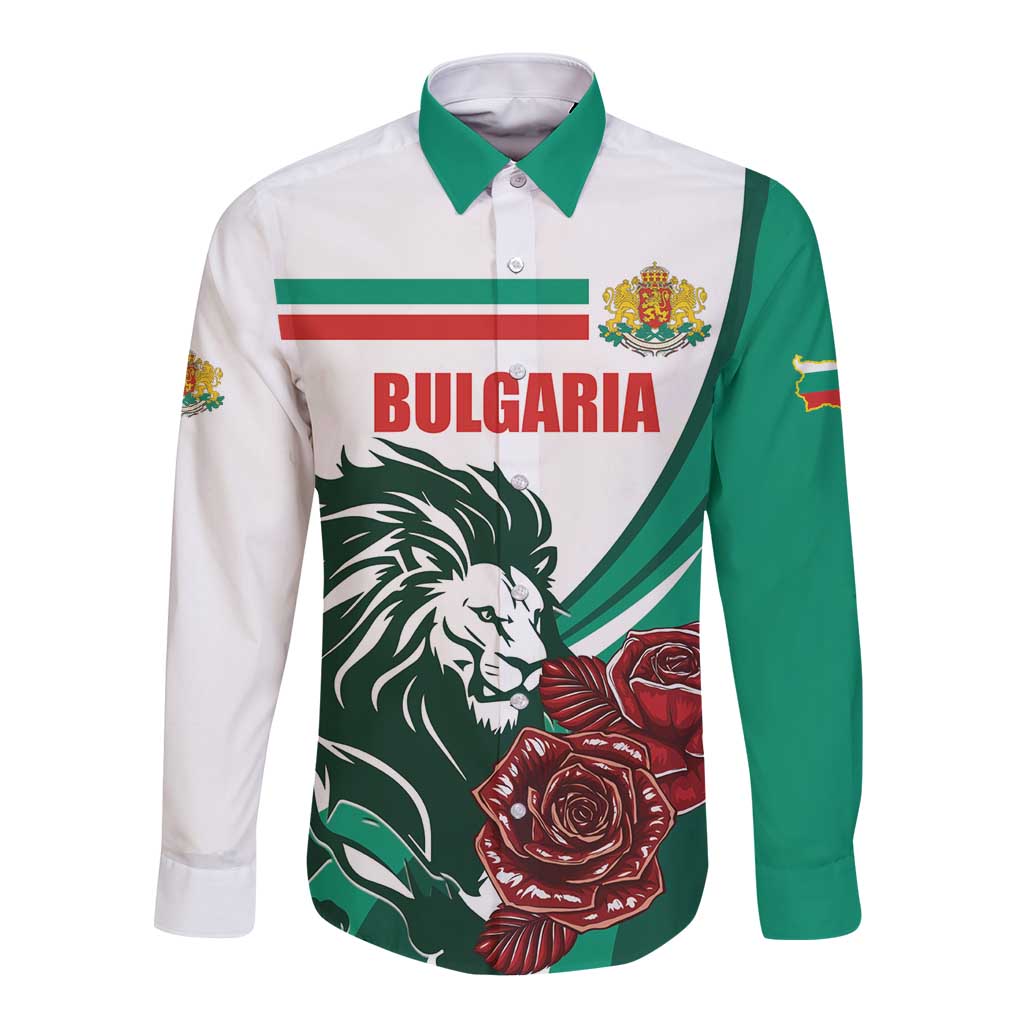 White long-sleeve button shirt with green collar and Bulgaria lion rose graphic