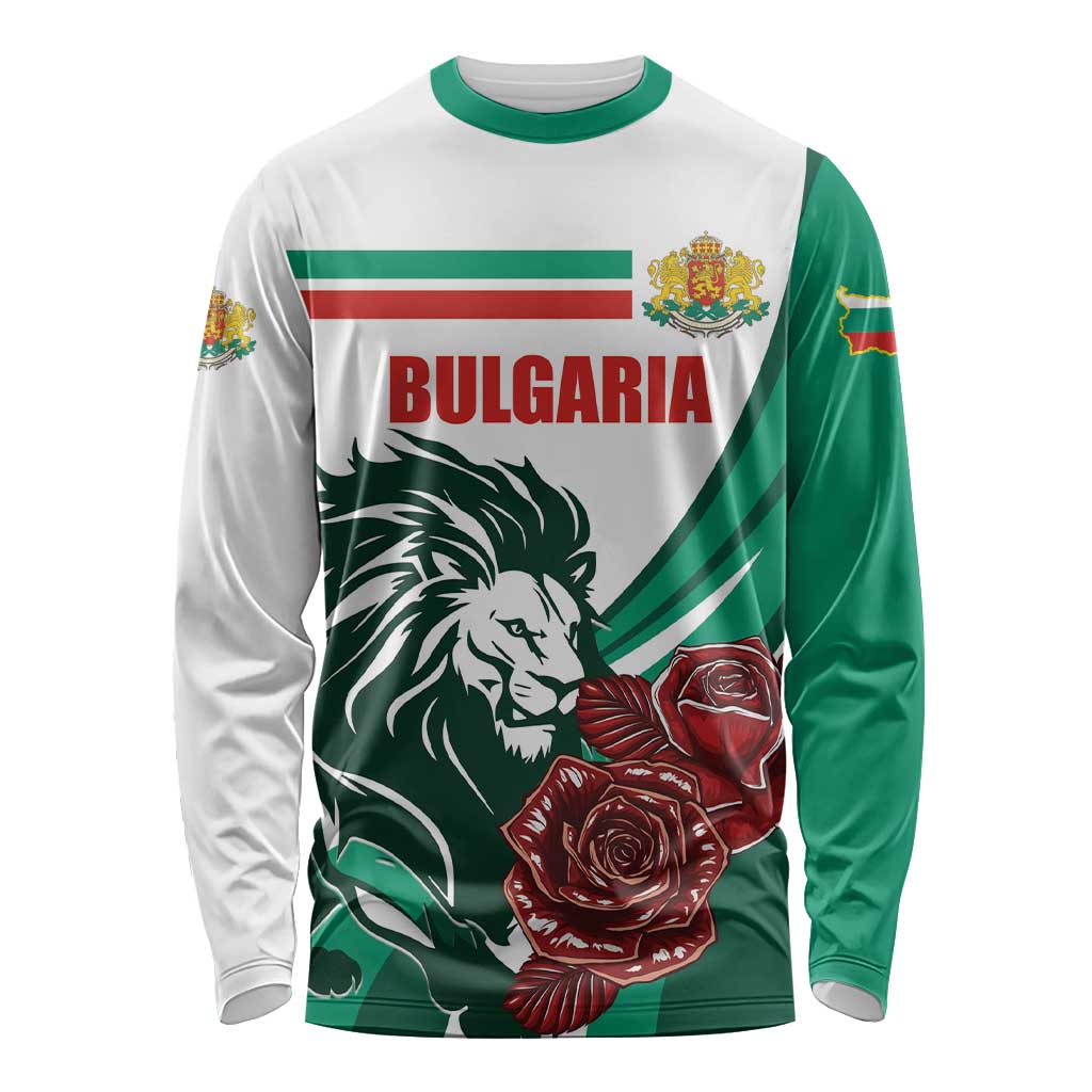 Unisex long-sleeve shirt coat of arms print, white with green sleeves and lion/rose graphic