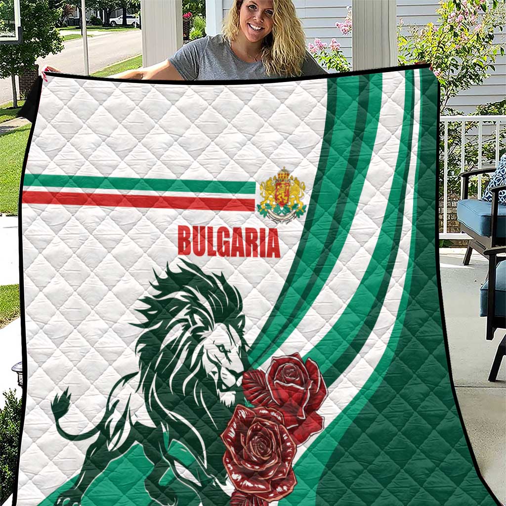 Bulgaria-themed quilt blanket with lion head, red roses, and green diagonal stripe corner