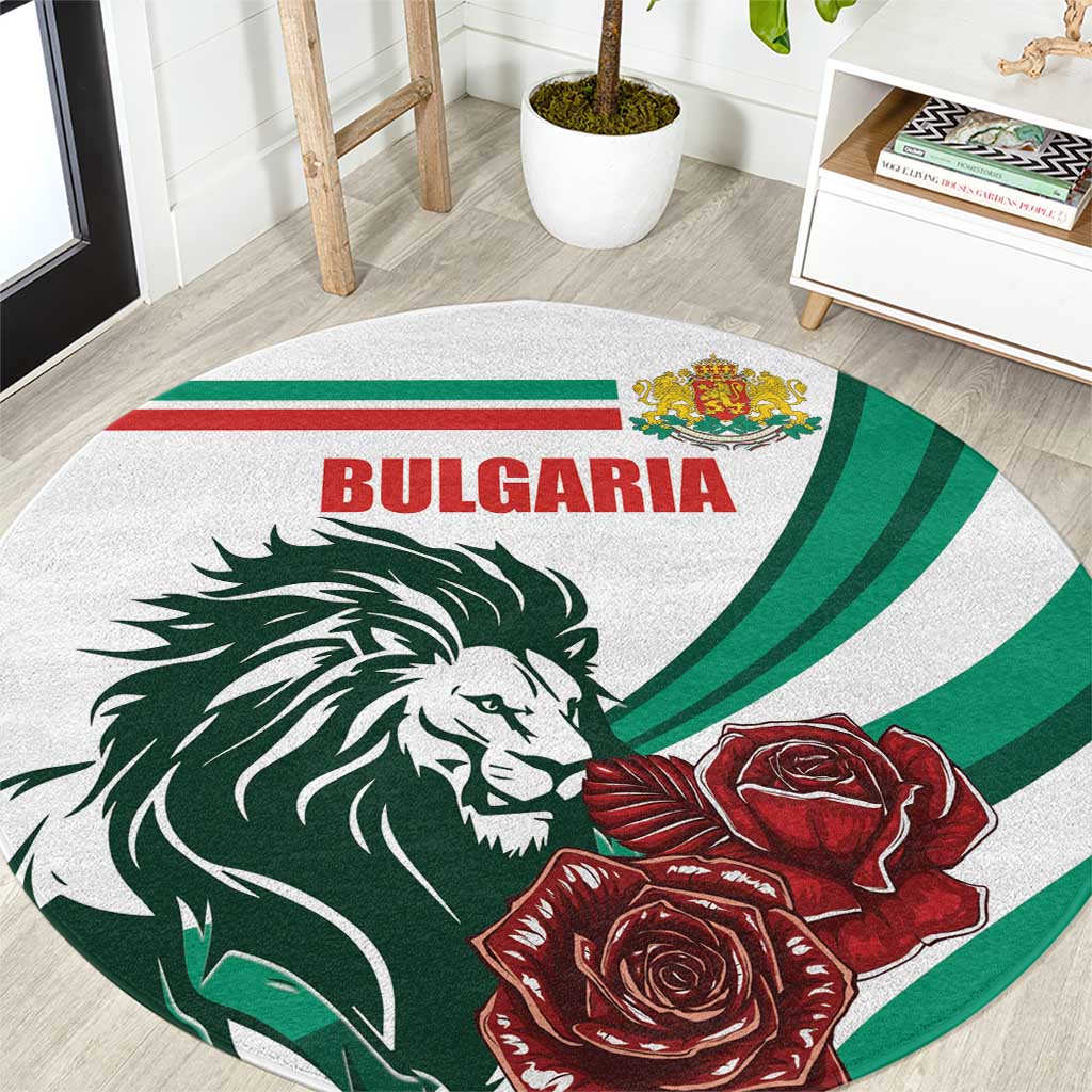 Round rug featuring Bulgaria text, lion face and roses in green, red on light base