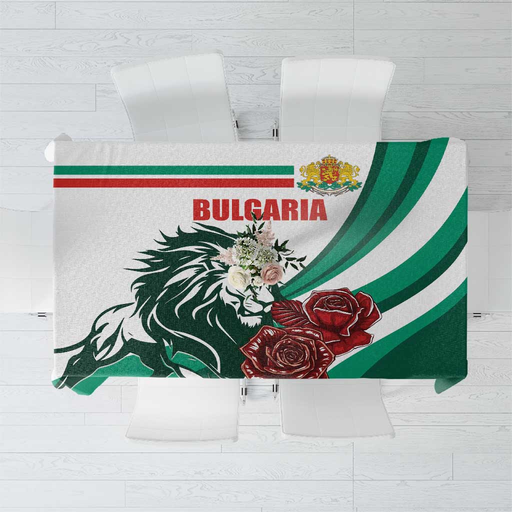 White tablecloth with 'BULGARIA' text, green border, lion and rose graphic