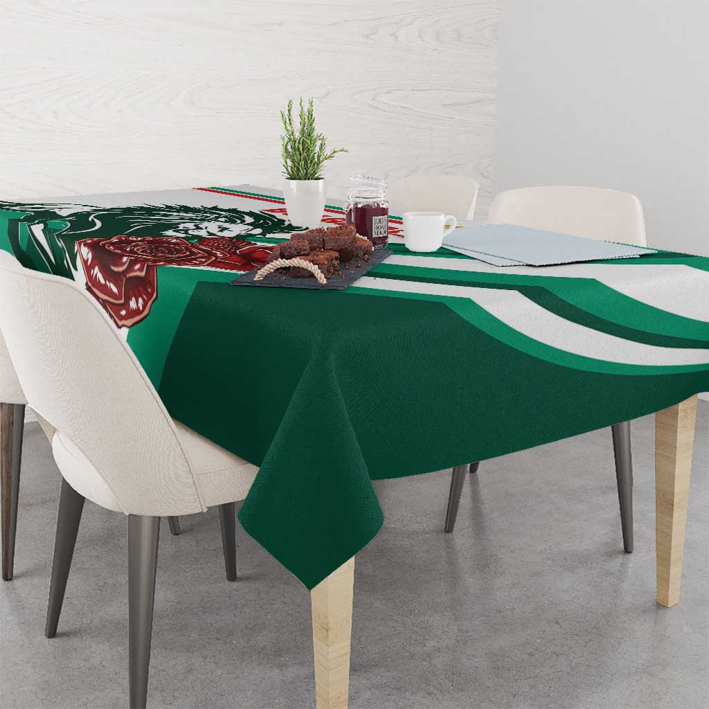 Green and white tablecloth with Bulgarian lion coat of arms and rose motif