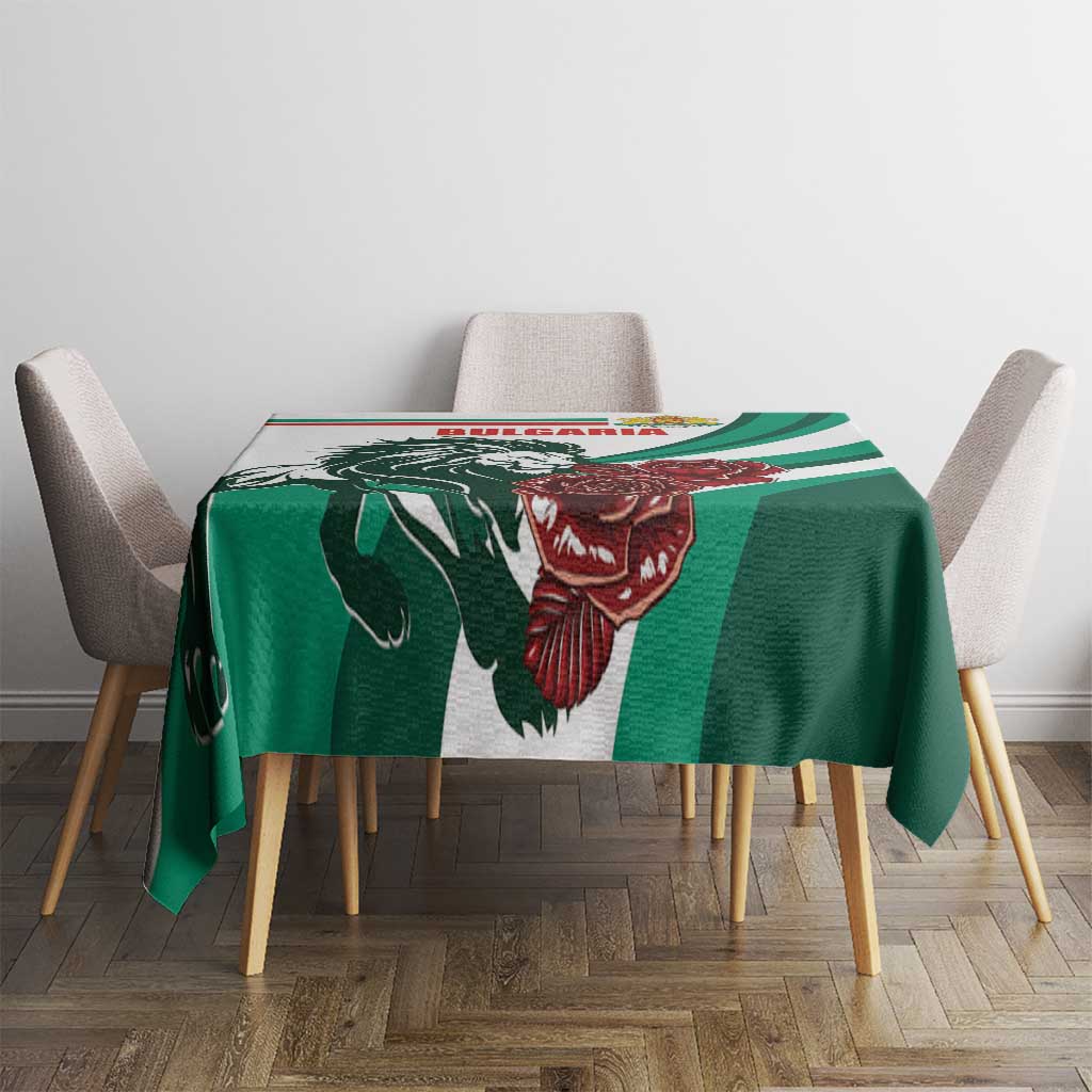 Green tablecloth with Bulgarian lion and rose emblem, white striped border