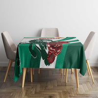 Green tablecloth with Bulgarian lion and rose emblem, white striped border