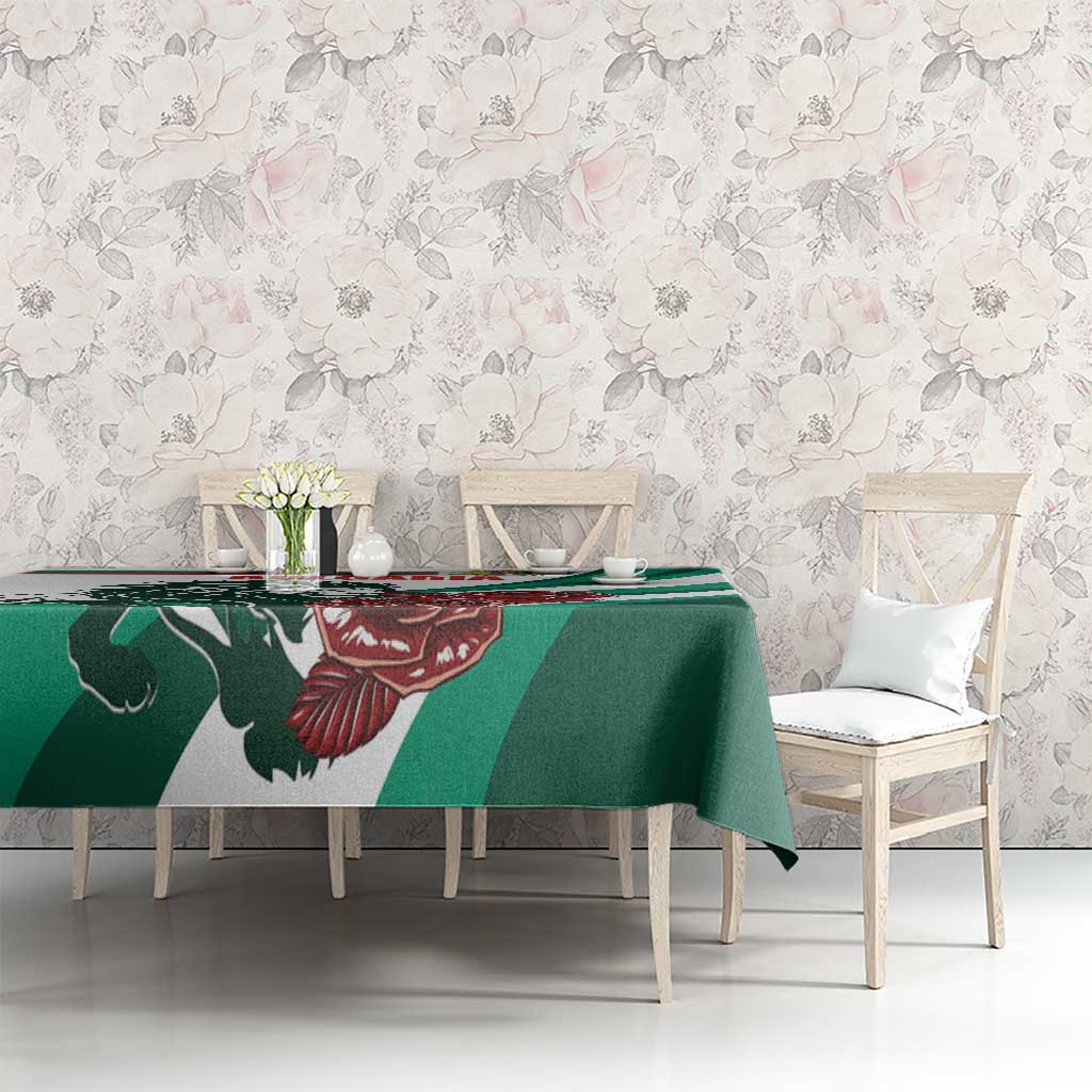Green and white floral tablecloth featuring Bulgarian lion-and-rose crest