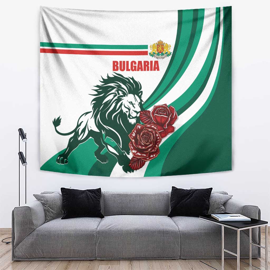 Bulgaria tapestry wall hanging with lion, red roses, green shield stripes, and emblem