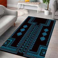 Traditional blue geometric area rug with bold stripes and repeating star motifs