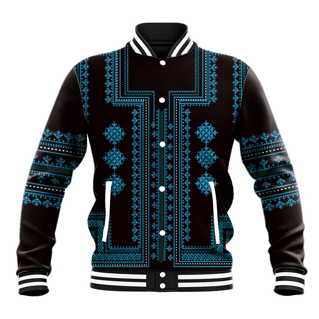 Unisex baseball jacket in black with blue embroidered-style trim and snap front