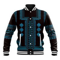 Unisex baseball jacket in black with blue embroidered-style trim and snap front