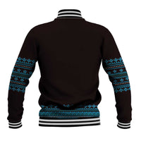 Back of unisex baseball jacket, black with blue pattern bands and ribbed striped hem
