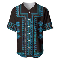 Dark baseball jersey with blue geometric Balkan-style pattern and button front