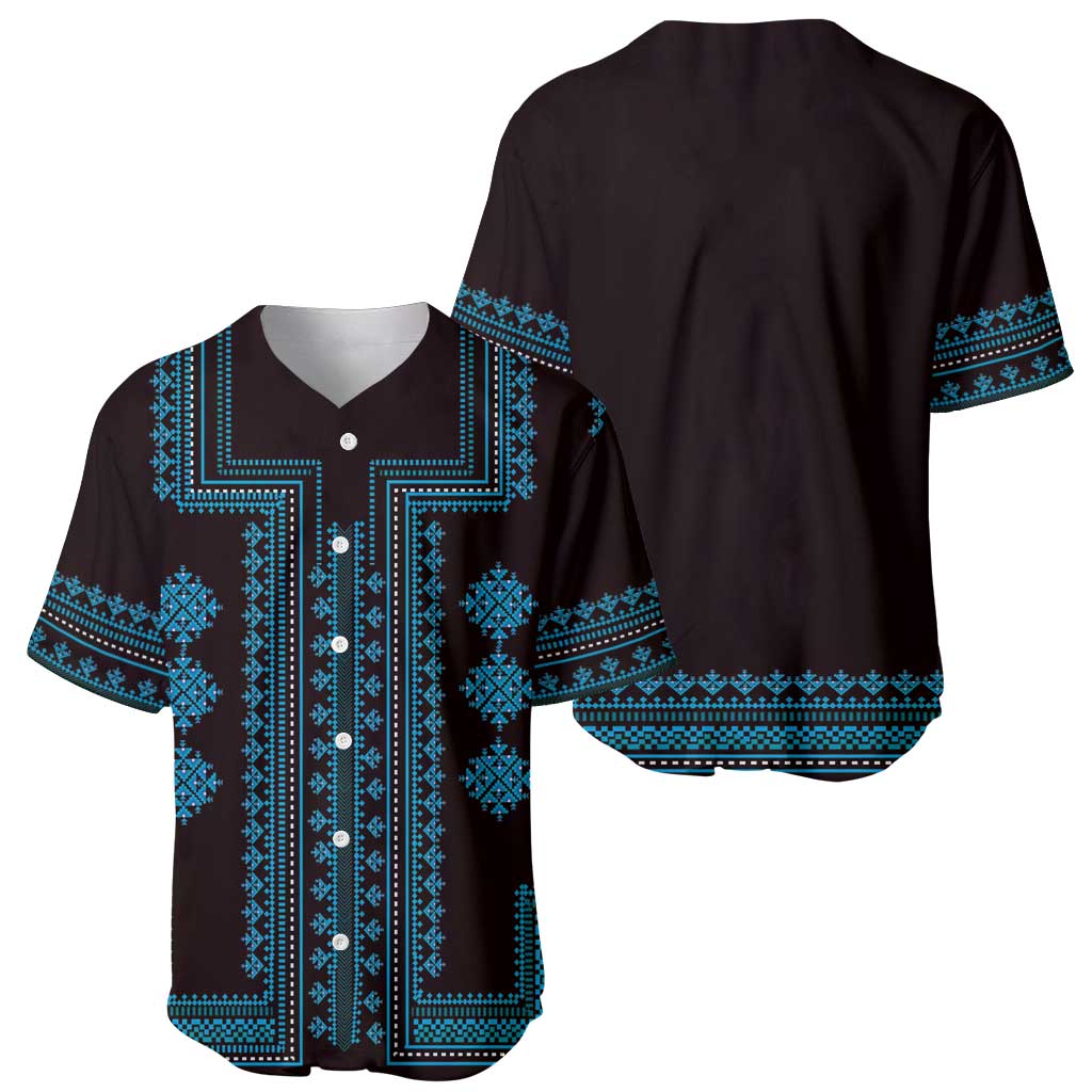 Front and back dark baseball jersey with blue geometric pattern and button placket