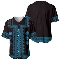 Front and back dark baseball jersey with blue geometric pattern and button placket