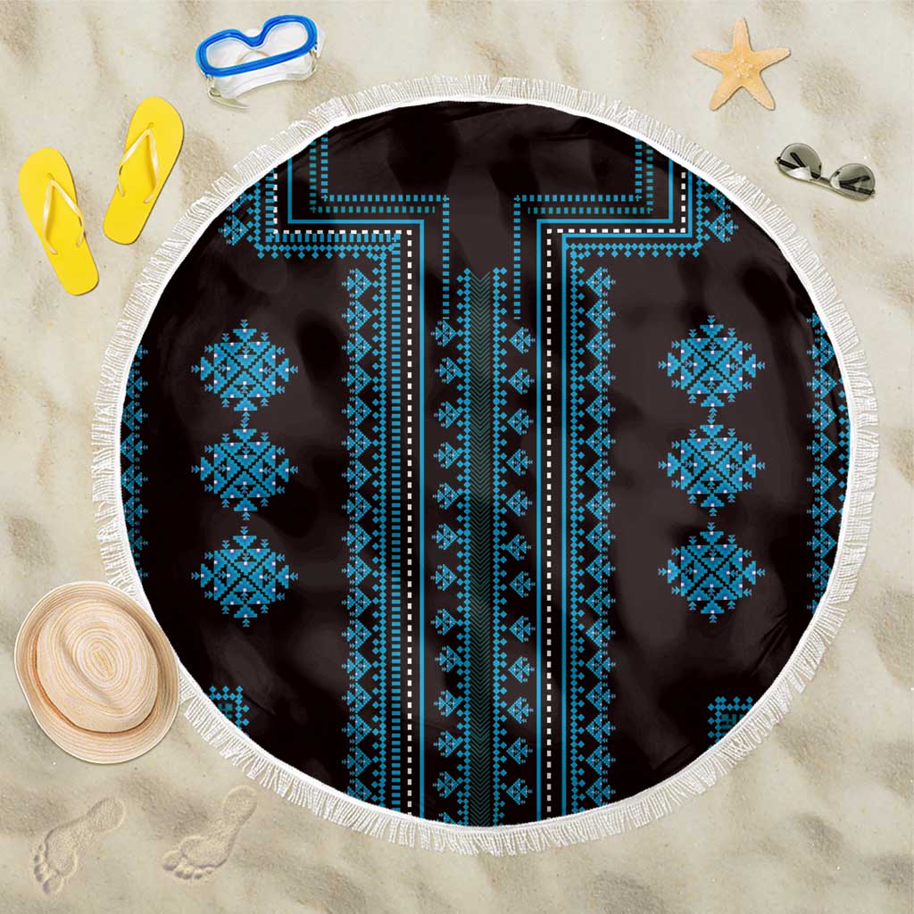 Round blue patterned beach blanket with white fringe edge, 150cm