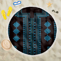 Round blue patterned beach blanket with white fringe edge, 150cm