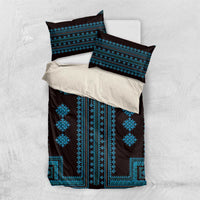 Blue and black bedding set with two pillow shams and decorative border stripes