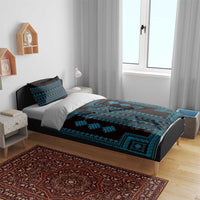 Blue traditional pattern bedding set with matching pillow covers, geometric motifs