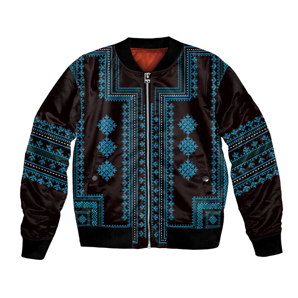 Blue and black embroidered bomber jacket with front zipper and ribbed hem and cuffs
