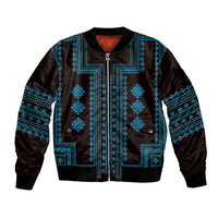Blue and black embroidered bomber jacket with front zipper and ribbed hem and cuffs