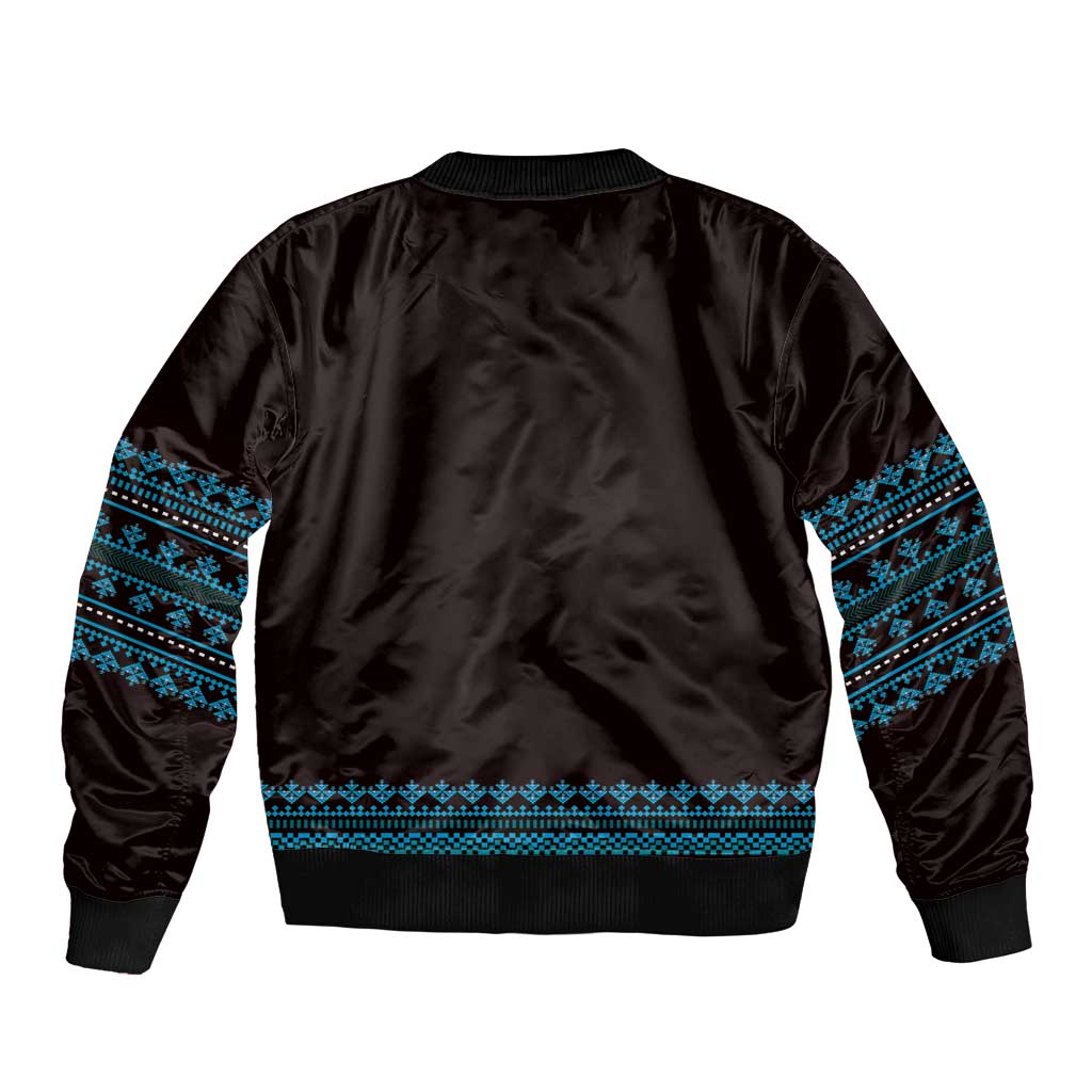 Black bomber jacket with blue embroidered hem band and striped sleeve trim