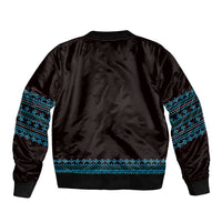 Black bomber jacket with blue embroidered hem band and striped sleeve trim