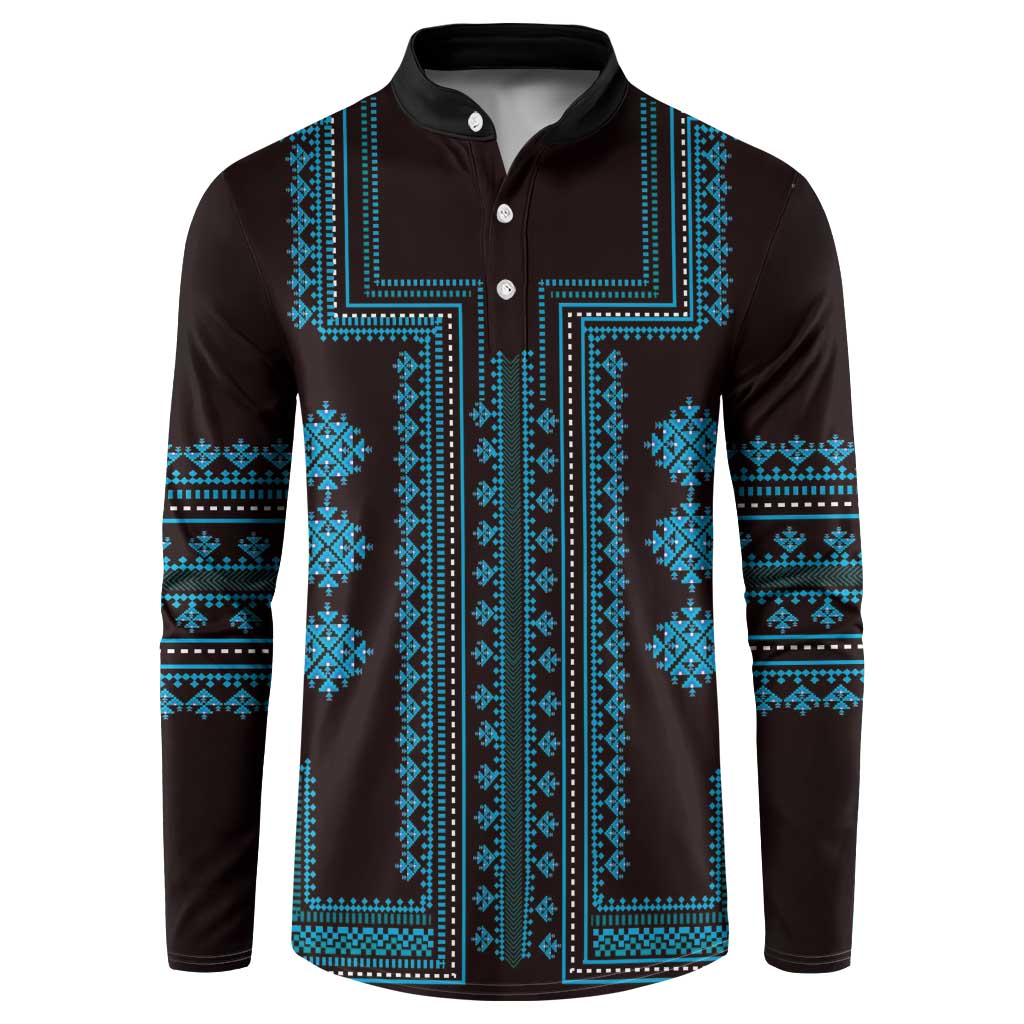 Button front traditional pattern sweatshirt, dark base with bold blue geometric print, long sleeves.