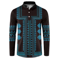Button front traditional pattern sweatshirt, dark base with bold blue geometric print, long sleeves.