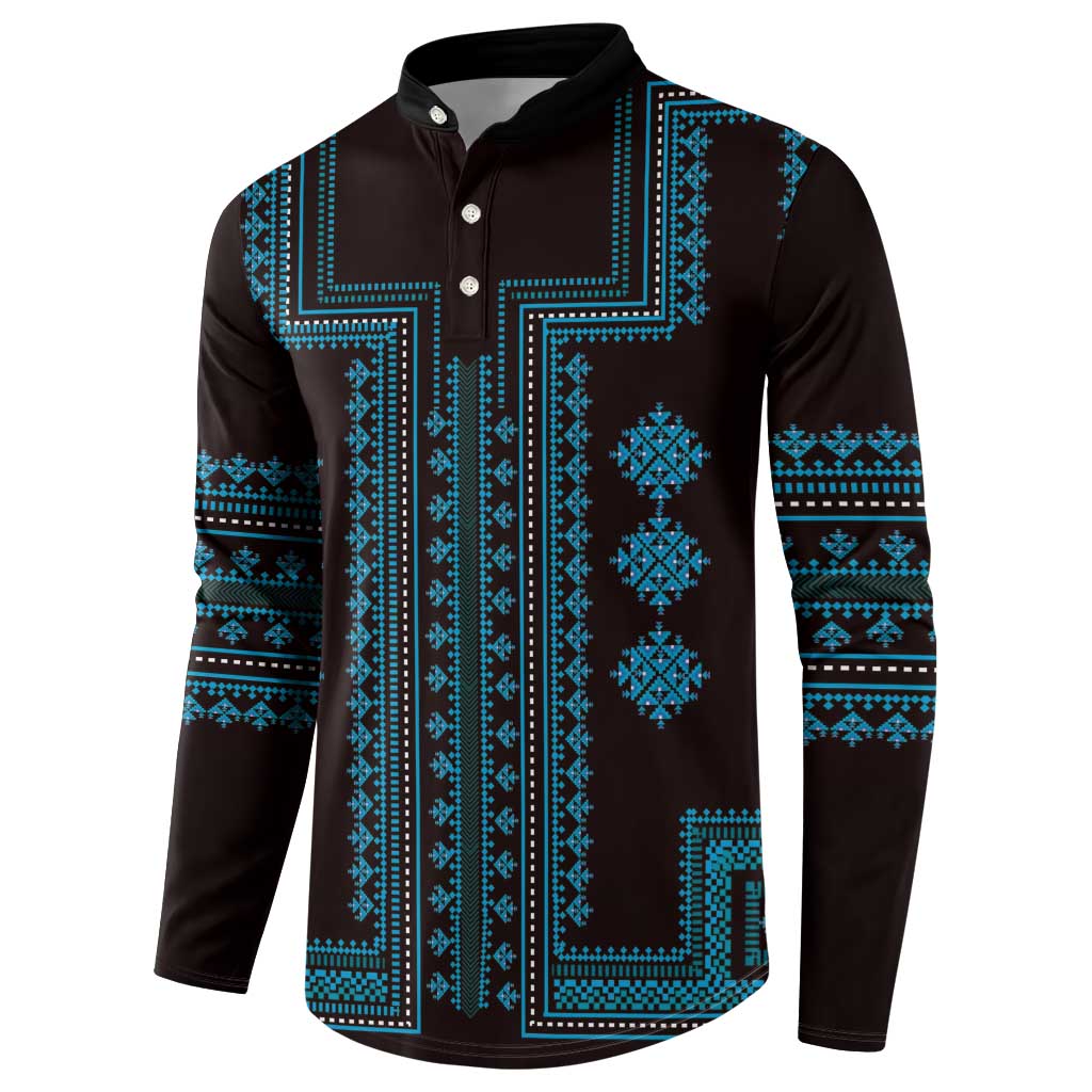 Traditional pattern henley sweatshirt, dark base with bright blue geometric print and long sleeves.