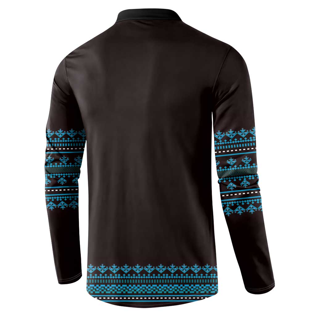 Traditional pattern sweatshirt back view, dark fabric with blue geometric bands on sleeves and hem.